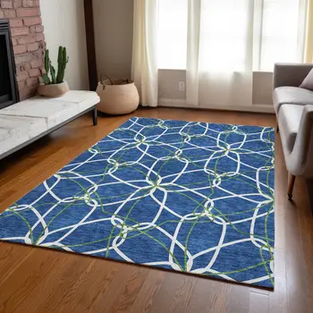 3' X 5' Navy Blue And Ivory Geometric Washable Indoor Outdoor Area Rug