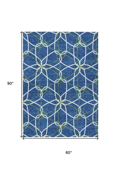 5' X 8' Navy Blue And Ivory Geometric Washable Indoor Outdoor Area Rug
