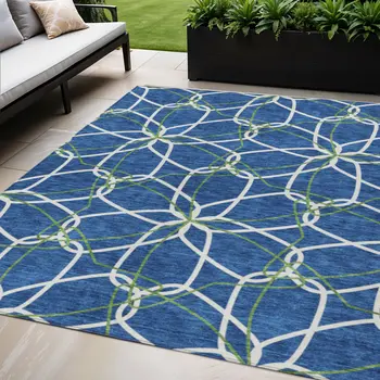 5' X 8' Navy Blue And Ivory Geometric Washable Indoor Outdoor Area Rug