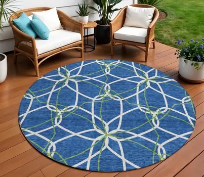 8' Navy Blue And Ivory Round Geometric Washable Indoor Outdoor Area Rug