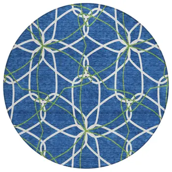 8' Navy Blue And Ivory Round Geometric Washable Indoor Outdoor Area Rug