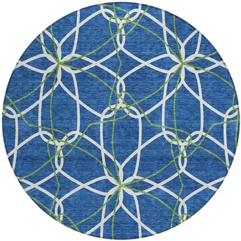 8' Navy Blue And Ivory Round Geometric Washable Indoor Outdoor Area Rug