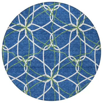 8' Navy Blue And Ivory Round Geometric Washable Indoor Outdoor Area Rug