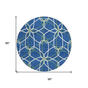 8' Navy Blue And Ivory Round Geometric Washable Indoor Outdoor Area Rug