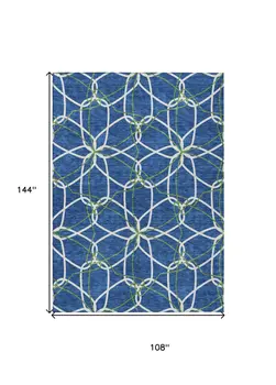 9' X 12' Navy Blue And Ivory Geometric Washable Indoor Outdoor Area Rug