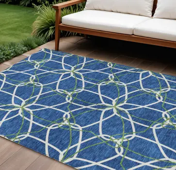 9' X 12' Navy Blue And Ivory Geometric Washable Indoor Outdoor Area Rug