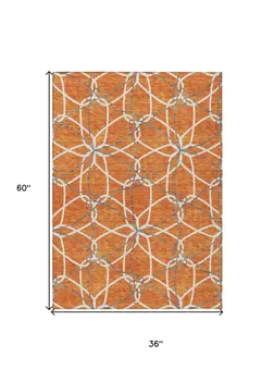 3' X 5' Orange And Ivory Geometric Washable Indoor Outdoor Area Rug