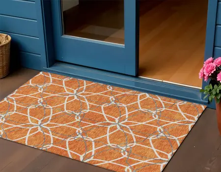 3' X 5' Orange And Ivory Geometric Washable Indoor Outdoor Area Rug
