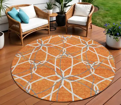 8' Orange And Ivory Round Geometric Washable Indoor Outdoor Area Rug