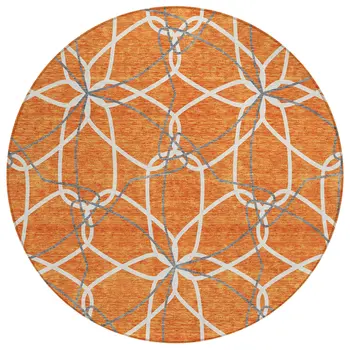8' Orange And Ivory Round Geometric Washable Indoor Outdoor Area Rug