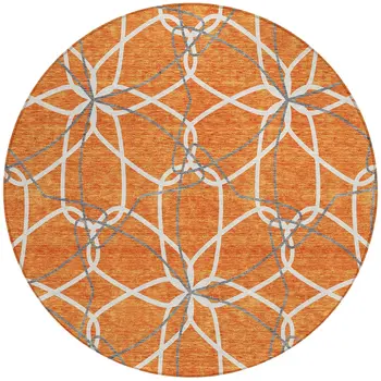 8' Orange And Ivory Round Geometric Washable Indoor Outdoor Area Rug