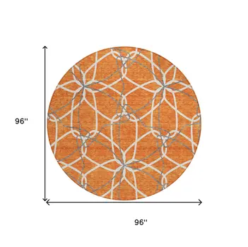 8' Orange And Ivory Round Geometric Washable Indoor Outdoor Area Rug