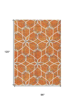 8' X 10' Orange And Ivory Geometric Washable Indoor Outdoor Area Rug