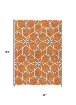 10' X 14' Orange And Ivory Geometric Washable Indoor Outdoor Area Rug