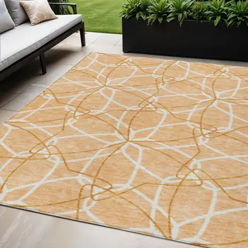 5' X 8' Peach And Ivory Geometric Washable Indoor Outdoor Area Rug