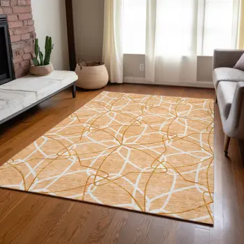 5' X 8' Peach And Ivory Geometric Washable Indoor Outdoor Area Rug