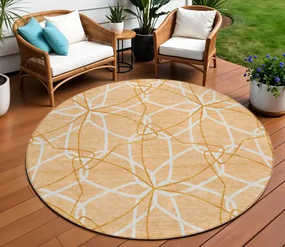 8' Peach And Ivory Round Geometric Washable Indoor Outdoor Area Rug