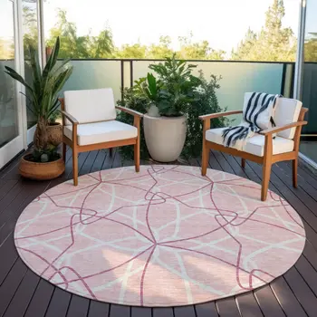 8' Pink And Ivory Round Geometric Washable Indoor Outdoor Area Rug