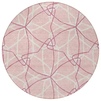 8' Pink And Ivory Round Geometric Washable Indoor Outdoor Area Rug