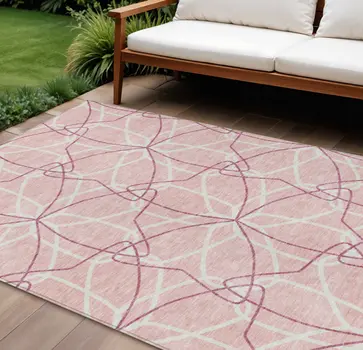 9' X 12' Pink And Ivory Geometric Washable Indoor Outdoor Area Rug