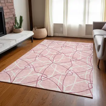 10' X 14' Pink And Ivory Geometric Washable Indoor Outdoor Area Rug
