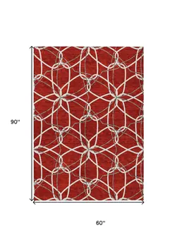 5' X 8' Red And Ivory Geometric Washable Indoor Outdoor Area Rug