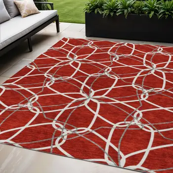 5' X 8' Red And Ivory Geometric Washable Indoor Outdoor Area Rug