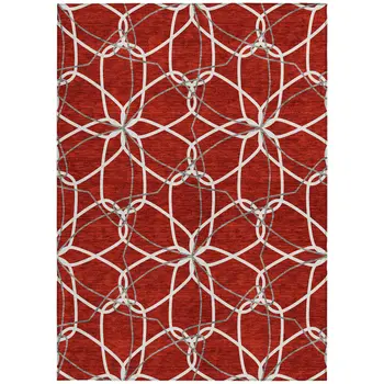 5' X 8' Red And Ivory Geometric Washable Indoor Outdoor Area Rug