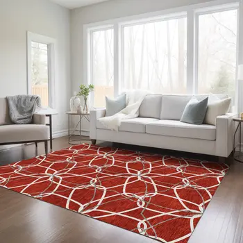 5' X 8' Red And Ivory Geometric Washable Indoor Outdoor Area Rug