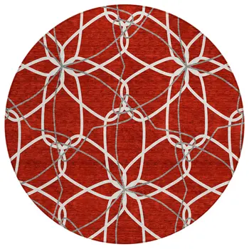 8' Red And Ivory Round Geometric Washable Indoor Outdoor Area Rug