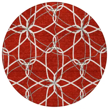 8' Red And Ivory Round Geometric Washable Indoor Outdoor Area Rug