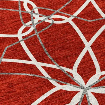 8' Red And Ivory Round Geometric Washable Indoor Outdoor Area Rug