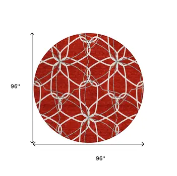8' Red And Ivory Round Geometric Washable Indoor Outdoor Area Rug