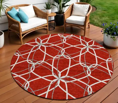 8' Red And Ivory Round Geometric Washable Indoor Outdoor Area Rug