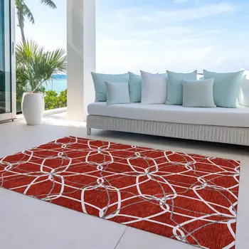 8' X 10' Red And Ivory Geometric Washable Indoor Outdoor Area Rug