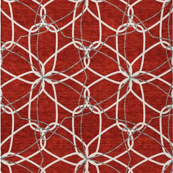 9' X 12' Red And Ivory Geometric Washable Indoor Outdoor Area Rug