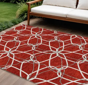 9' X 12' Red And Ivory Geometric Washable Indoor Outdoor Area Rug