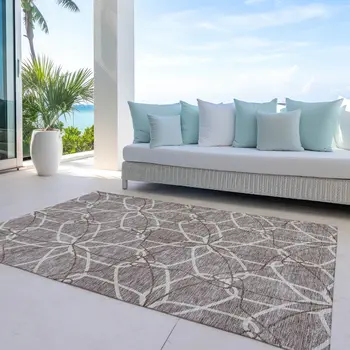 5' X 8' Taupe And Ivory Geometric Washable Indoor Outdoor Area Rug