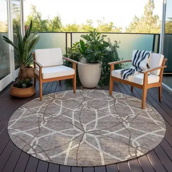 8' Taupe And Ivory Round Geometric Washable Indoor Outdoor Area Rug