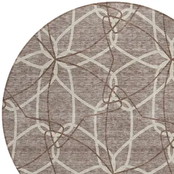 8' Taupe And Ivory Round Geometric Washable Indoor Outdoor Area Rug