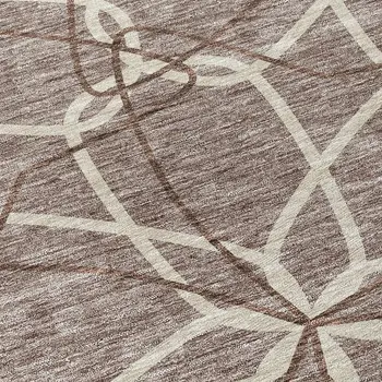8' Taupe And Ivory Round Geometric Washable Indoor Outdoor Area Rug