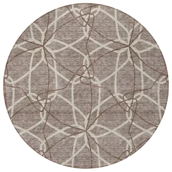 8' Taupe And Ivory Round Geometric Washable Indoor Outdoor Area Rug