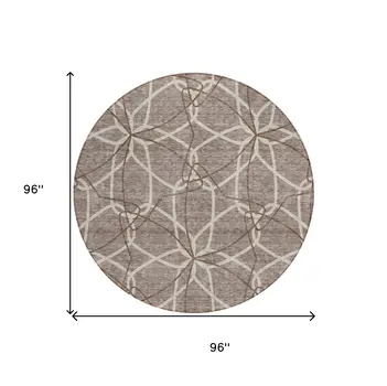 8' Taupe And Ivory Round Geometric Washable Indoor Outdoor Area Rug