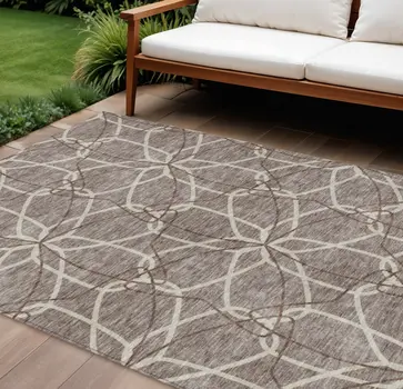 10' X 14' Taupe And Ivory Geometric Washable Indoor Outdoor Area Rug