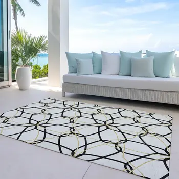 3' X 5' White And Black Geometric Washable Indoor Outdoor Area Rug