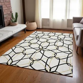 3' X 5' White And Black Geometric Washable Indoor Outdoor Area Rug
