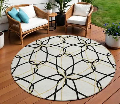 8' White And Black Round Geometric Washable Indoor Outdoor Area Rug