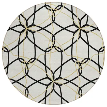 8' White And Black Round Geometric Washable Indoor Outdoor Area Rug