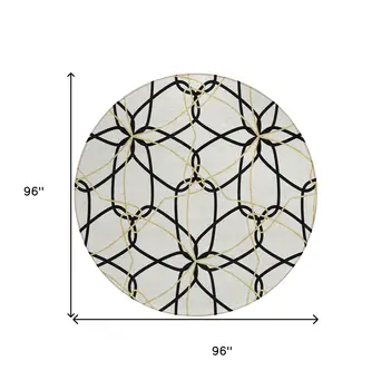 8' White And Black Round Geometric Washable Indoor Outdoor Area Rug