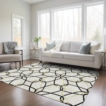 8' X 10' White And Black Geometric Washable Indoor Outdoor Area Rug
